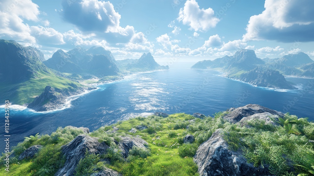 Serene Coastal Mountain Vista: A Breathtaking Panoramic View of a Picturesque Island Paradise Serene Coastal Mountain Vista: A Breathtaking Panoramic View of a Picturesque Island Paradise