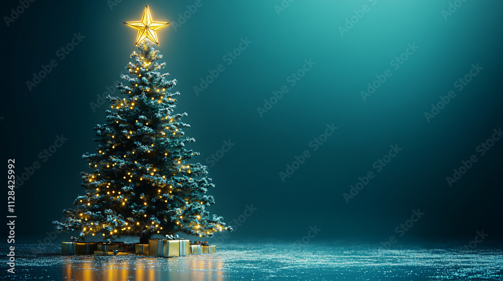 Futuristic Space-themed Christmas Tree with Metallic Branches and Glow Star Topper on Dark-blue Gradient Background Futuristic Space-themed Christmas Tree with Metallic Branches and Glow Star Topper on Dark-blue Gradient Background