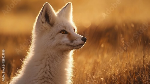 Serene white fox in a sunlit grassy field