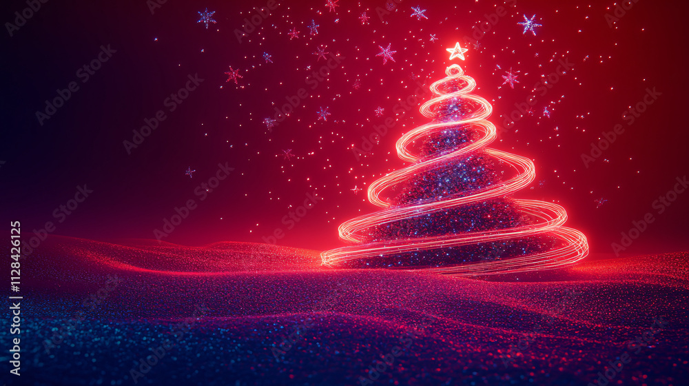 Cosmic Glow Futuristic Neon Christmas Tree with Starry Ornaments on Red Background Cosmic Glow Futuristic Neon Christmas Tree with Starry Ornaments on Red Background
