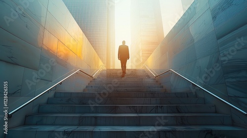 A person confidently walking up modern stairs, upward perspective, motivational atmosphere, soft morning light.