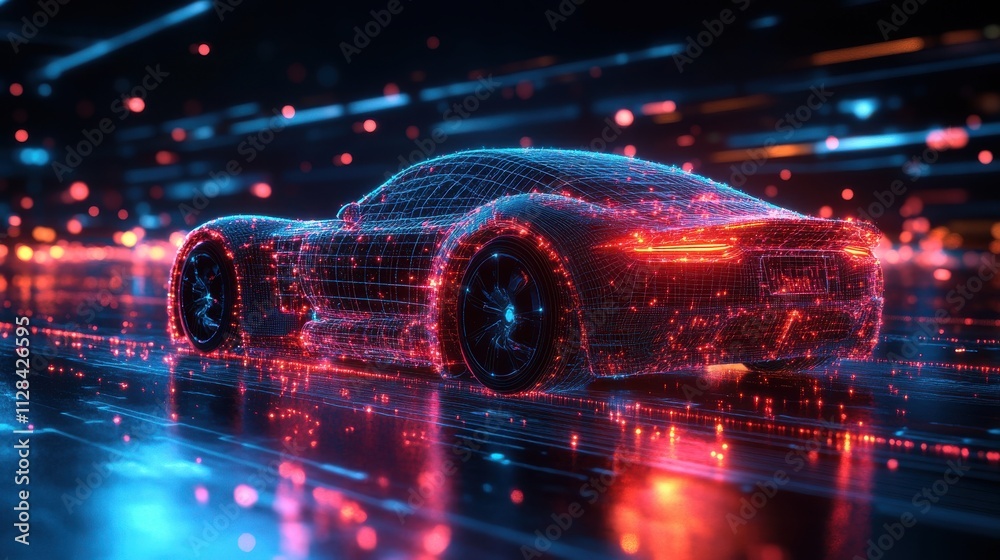 concept of futuristic automobile technology with illustration and wireframe intersectio concept of futuristic automobile technology with illustration and wireframe intersectio