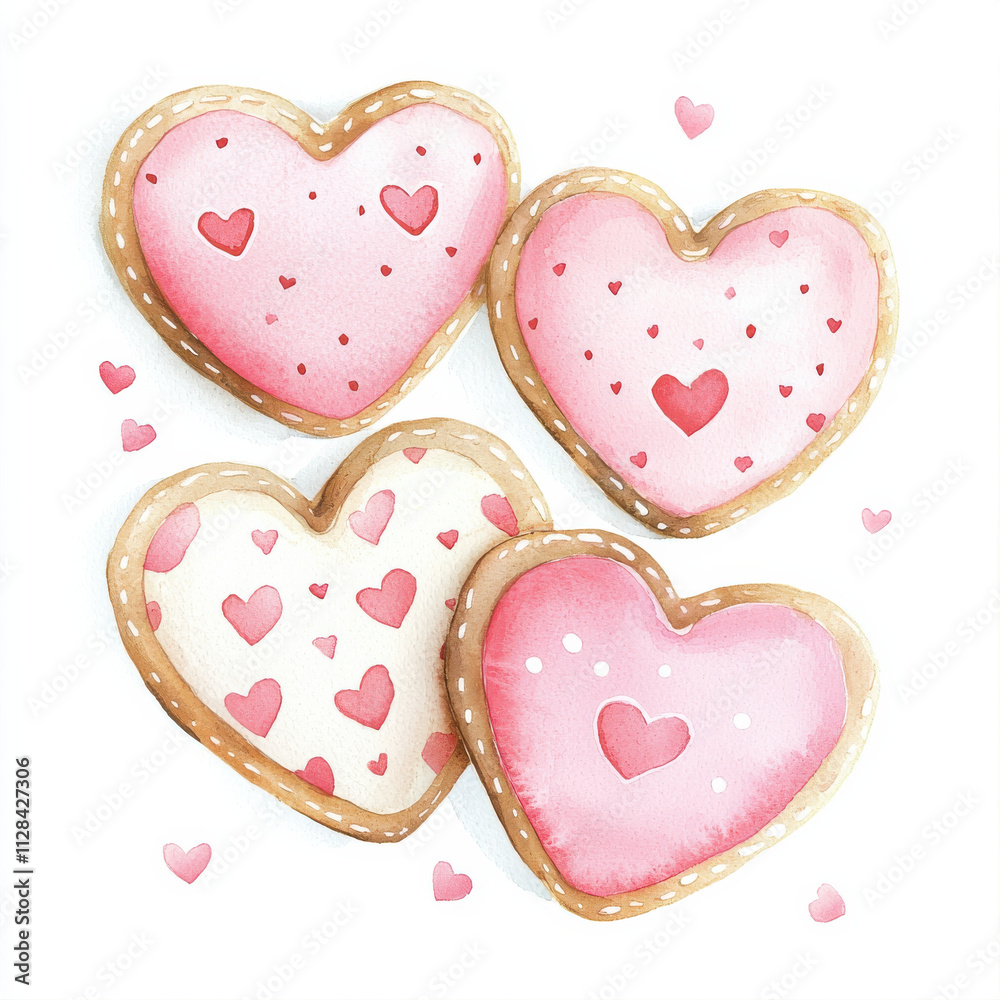 Heart shaped cookies in watercolor with intricate designs and colors
