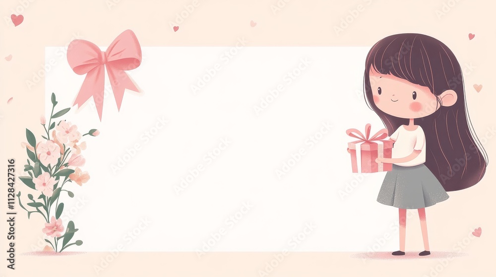 A wide frame background for an advertising banner, with a pink ribbon and a bouquet of flowers on the left side of a white, blank, empty rectangular board A wide frame background for an advertising banner, with a pink ribbon and a bouquet of flowers on the left side of a white, blank, empty rectangular board