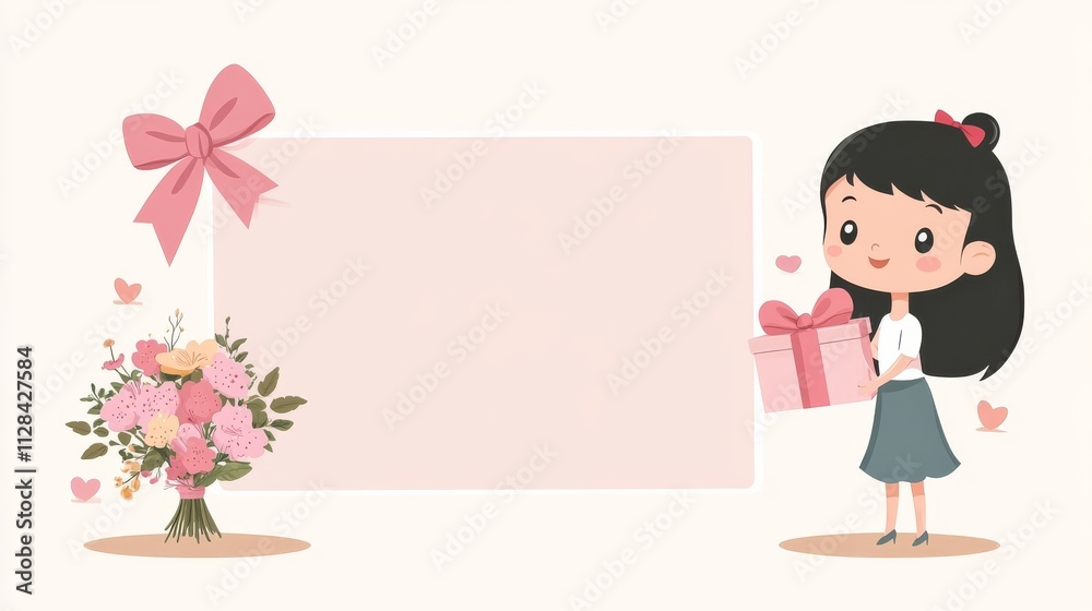 A wide frame background for an advertising banner, with a pink ribbon and a bouquet of flowers on the left side of a white, blank, empty rectangular board A wide frame background for an advertising banner, with a pink ribbon and a bouquet of flowers on the left side of a white, blank, empty rectangular board