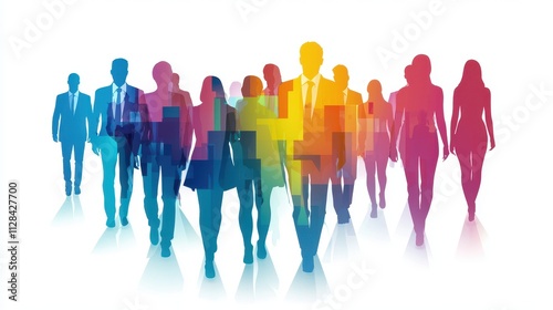 Silhouetted Business People in Colorful Gradient Walking Confidently Together Representing Teamwork, Collaboration, and Diversity in a Modern Workplace Environment