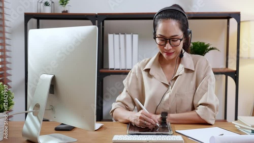 Professional young asian business woman working and meeting online while writing on tablet in modern home office, businesswoman video call with conference distant, call center and support.