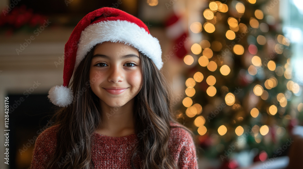 Hispanic teenage girl wearing santa hat in front of christmas tree and fireplace Hispanic teenage girl wearing santa hat in front of christmas tree and fireplace