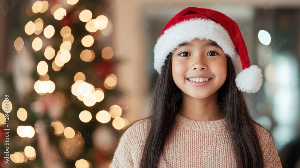 Indonesian teenage girl wearing santa hat in front of christmas tree and fireplace Indonesian teenage girl wearing santa hat in front of christmas tree and fireplace