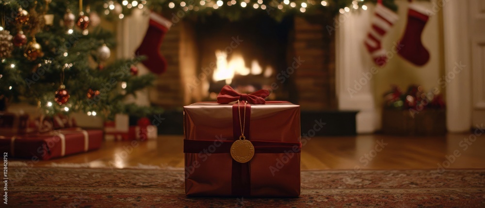 Wrapped gift near a Christmas tree and fireplace Wrapped gift near a Christmas tree and fireplace