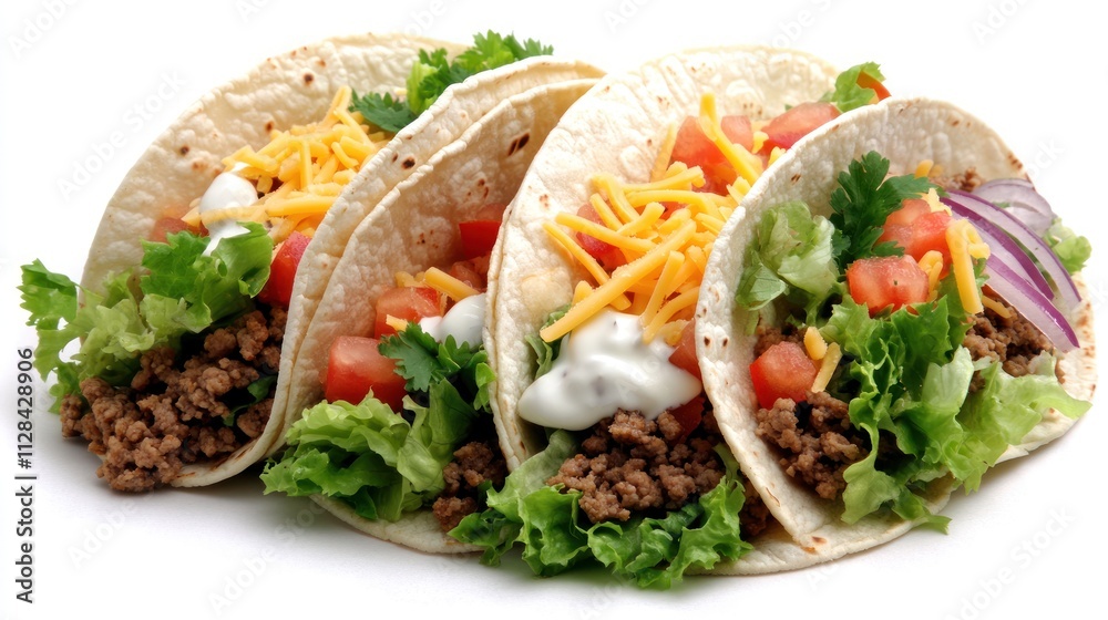 Three tacos filled with beef, lettuce, and toppings Three tacos filled with beef, lettuce, and toppings