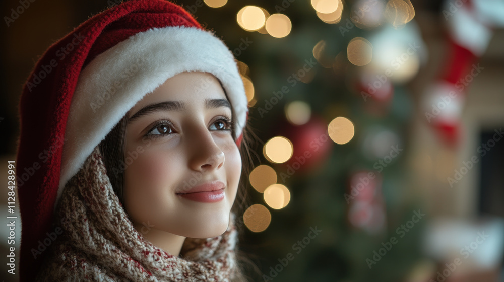 Arabian teenage girl wearing santa hat in front of christmas tree and fireplace Arabian teenage girl wearing santa hat in front of christmas tree and fireplace