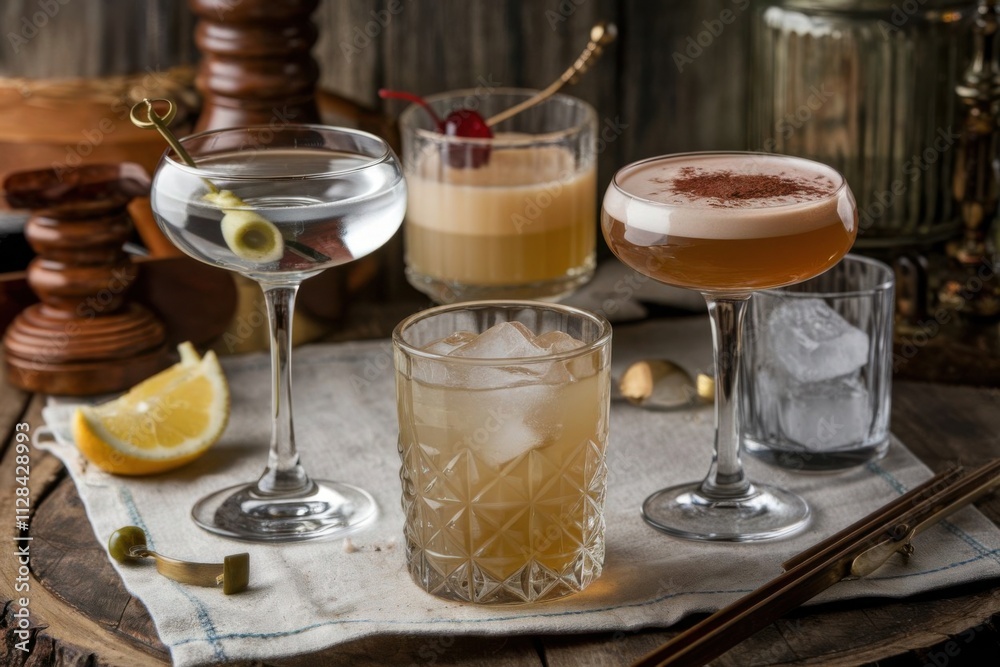 Artisanal Cocktail Selection with Elegant Glassware Artisanal Cocktail Selection with Elegant Glassware