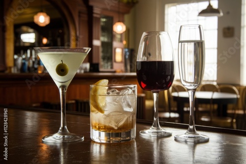 Elegant Bar Counter with Assorted Cocktails and Wine