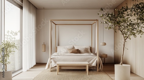 Serene Minimalist Bedroom Design: Light Wood Four Poster Bed, Natural Decor, and Tranquil Atmosphere