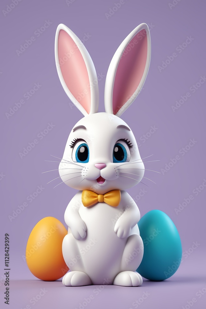 there is a white bunny with a bow tie and some colored eggs there is a white bunny with a bow tie and some colored eggs
