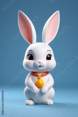 there is a white rabbit with a red collar and a gold medal