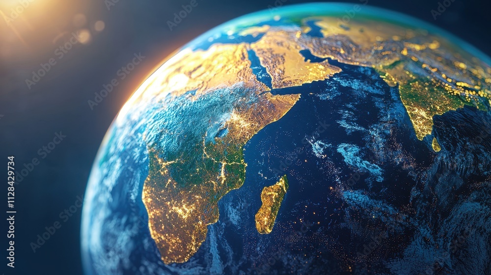Fototapeta premium Stunning High-Resolution View of Earth from Space at Night Highlighting Africa and Middle East with Illuminated Cities and Stars Scatter in the Background
