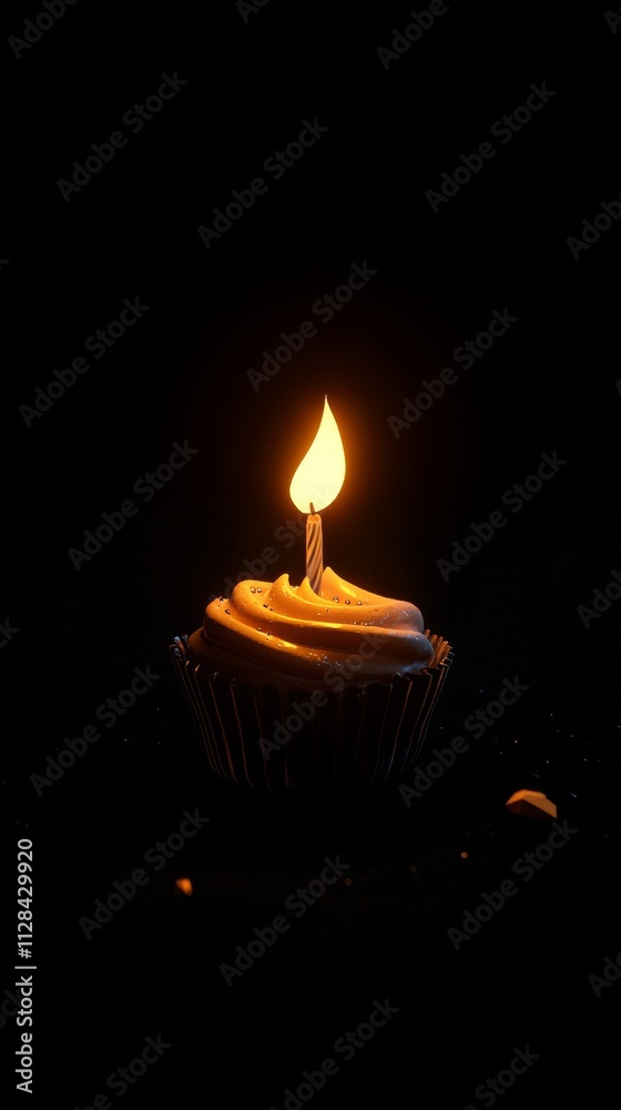 Single Candle Cupcake in Dark Background Single Candle Cupcake in Dark Background