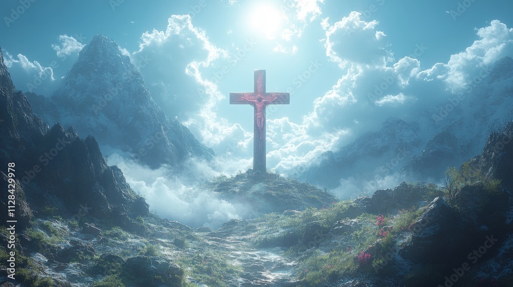 Naklejka premium cross of jesus christ with shroud on the sky with clouds digital painting