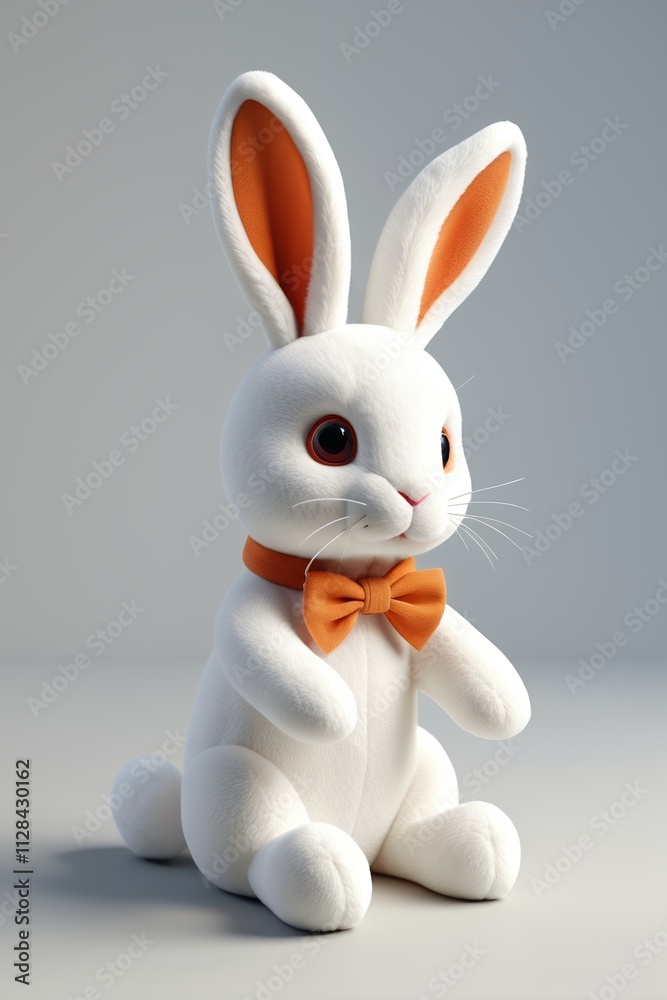 there is a white rabbit with a orange bow tie sitting on a table there is a white rabbit with a orange bow tie sitting on a table