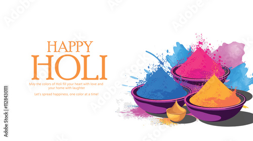 Holi celebration illustration featuring bowls of vibrant powder and a festive greeting message, symbolizing joy, happiness, and cultural festivity associated with this traditional festival.