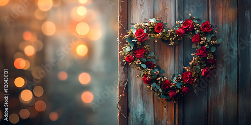 Heart Wreath with Roses on Rustic Door at Sunset