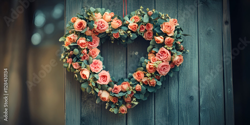 Heart Wreath with Roses on Rustic Door at Sunset