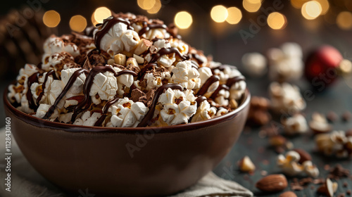 A decadent mix of popcorn drizzled with dark and white chocolate, garnished with crushed nuts, served in a festive bowl.