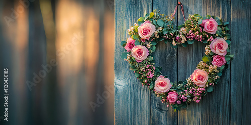 Heart Wreath with Roses on Rustic Door at Sunset
