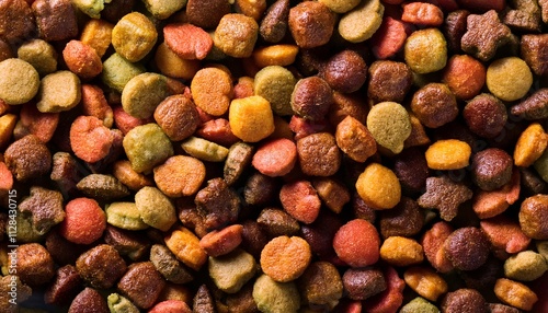 A collection of colorful dry pet food in various shapes, showcasing a range of shades and textures, ideal for use in feeding pets such as dogs or cats. Background photo