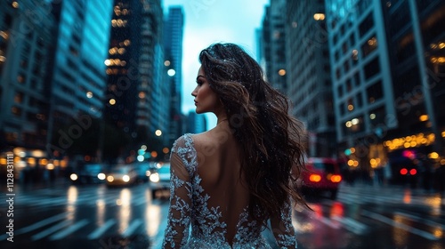 A graceful woman stands in a wet urban street, capturing an ethereal moment as city lights reflect in puddles, showcasing beauty amidst motion and rain-drenched ambiance.