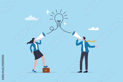 Communication message, announcement or conversation to communicate idea, information or discussion speech, advertising strategy, speaking or talk concept, business people talk on megaphone with idea. photo