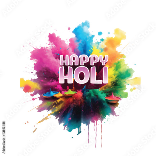 Holi celebration illustration featuring bowls of vibrant powder and a festive greeting message, symbolizing joy, happiness, and cultural festivity associated with this traditional festival.