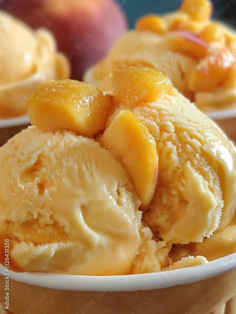 vanilla ice cream balls with pineapple, peach, and fruit slices. vanilla ice cream balls with pineapple, peach, and fruit slices.