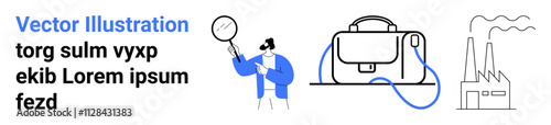 Investigator holding magnifying glass, blue jacket, stylish briefcase with strap, industrial factory silhouette. Ideal for detective stories, business, technology, industry, investigations, security