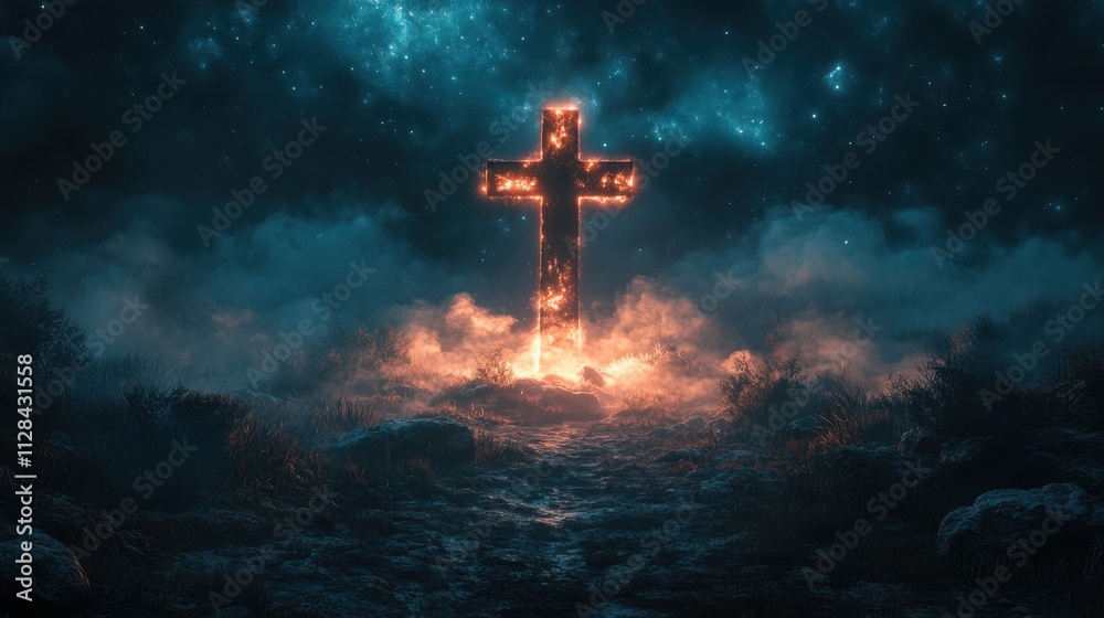 Naklejka premium cross with shroud in the night sky rendering computer digital drawing