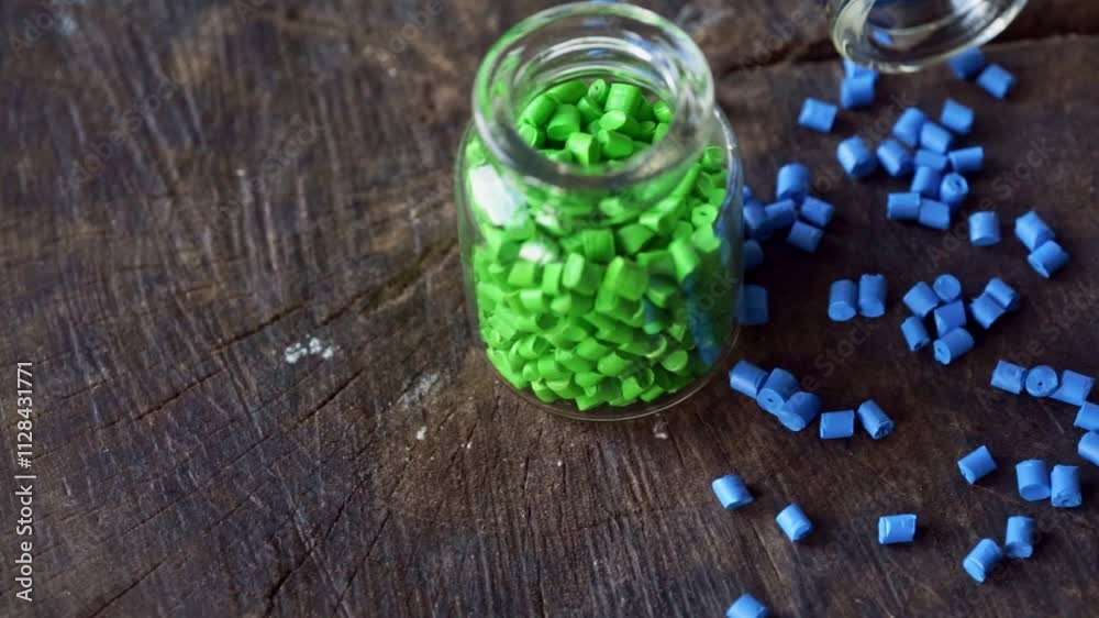 video of green and blue plastic pellets moving in glass tubes on dark wooden background