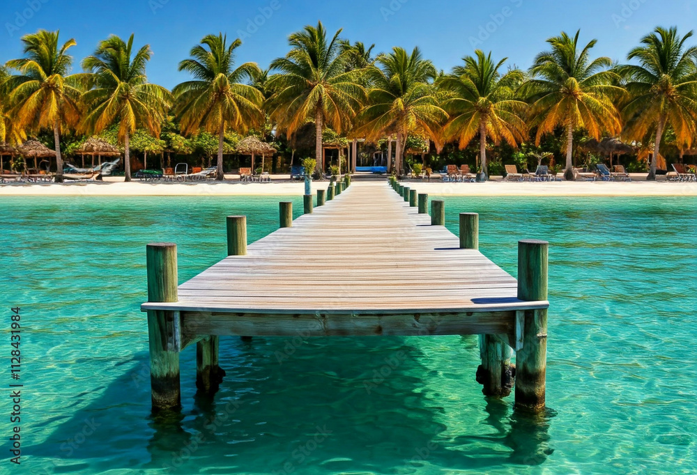 beautiful tropical beach scene with a wooden dock extending into crystal-clear turquoise waters The shoreline features white sand lined with lush, tall palm trees, creating a tranquil environment beautiful tropical beach scene with a wooden dock extending into crystal-clear turquoise waters The shoreline features white sand lined with lush, tall palm trees, creating a tranquil environment