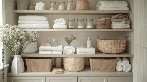 Highly organized minimalist closet design featuring neutral tones and natural textures with well arranged storage baskets and towels photo