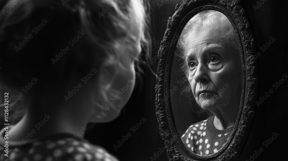 Young Girl Gazes Into a Mirror, Witnessing an Unexpected Reflection of an Elderly Woman, Capturing the Essence of Time and Family Bonds