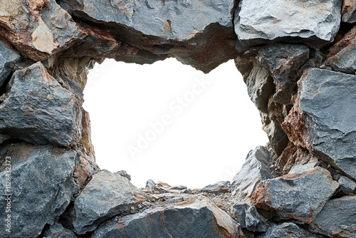 A rough hole in a stone wall with sharp, jagged edges, creating a natural frame against a transparent background
 photo