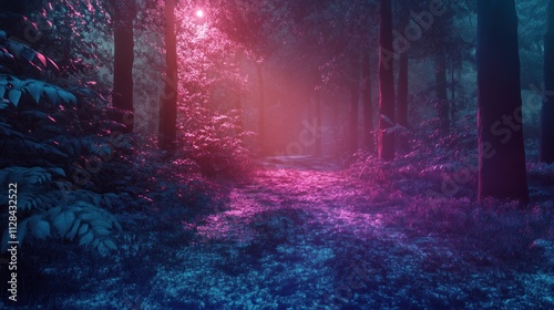 Enchanted Forest Path: A Mystical Journey Through Neon Hues and Dreamlike Atmosphere photo