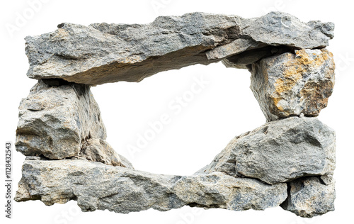 Rough hole in a stone wall with sharp, jagged edges, creating a natural frame against a transparent background
 photo