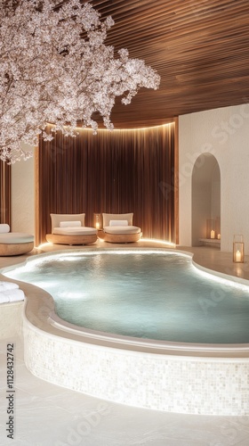 The inviting interior of this modern spa showcases a tranquil pool area, complemented by a soothing lounge designed for relaxation, all enhanced by gentle, ambient lighting