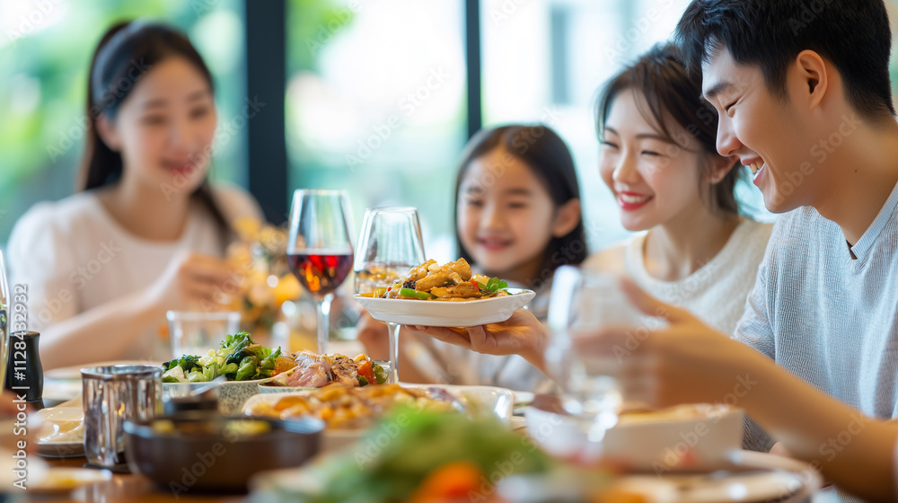 Multigeneration Asian Family Gathers Around the Table for a Joyous Dinner Celebration Filled With Laughter and Delicious Food