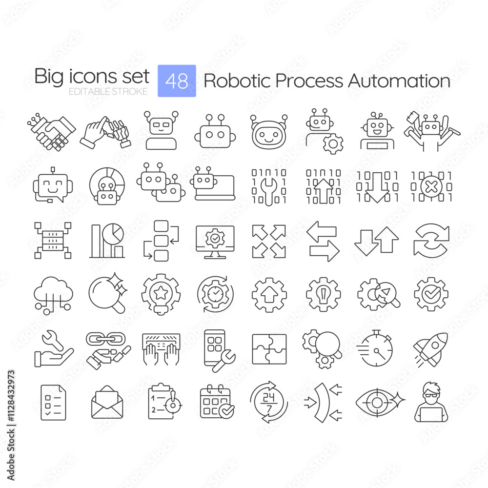 Robotic process automation linear icons set. Technology of workflow optimization. RPA development. Customizable thin line symbols. Isolated vector outline illustrations. Editable stroke Robotic process automation linear icons set. Technology of workflow optimization. RPA development. Customizable thin line symbols. Isolated vector outline illustrations. Editable stroke