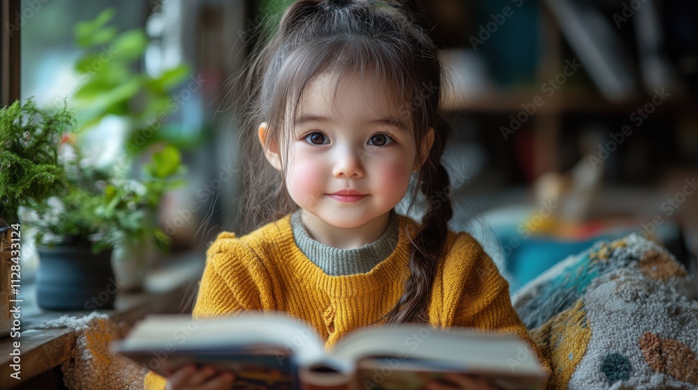 cute little girl is reading a book and smiling cute little girl is reading a book and smiling