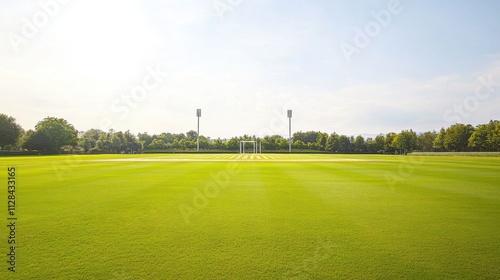 A tranquil outdoor cricket pitch with a well-maintained field and goalposts, surrounded by open fields and a bright, clear sky photo