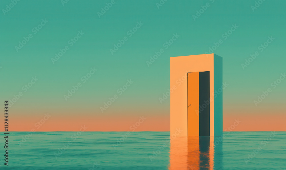 Surreal Doorway to Tranquility: A Captivating Scene of Mystery and Solitude Over an Infinite Ocean at Sunset Surreal Doorway to Tranquility: A Captivating Scene of Mystery and Solitude Over an Infinite Ocean at Sunset